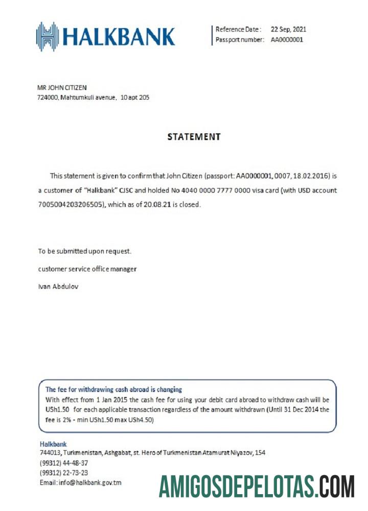 Referência de fechamento do Halkbank no Turcomenistão modelo